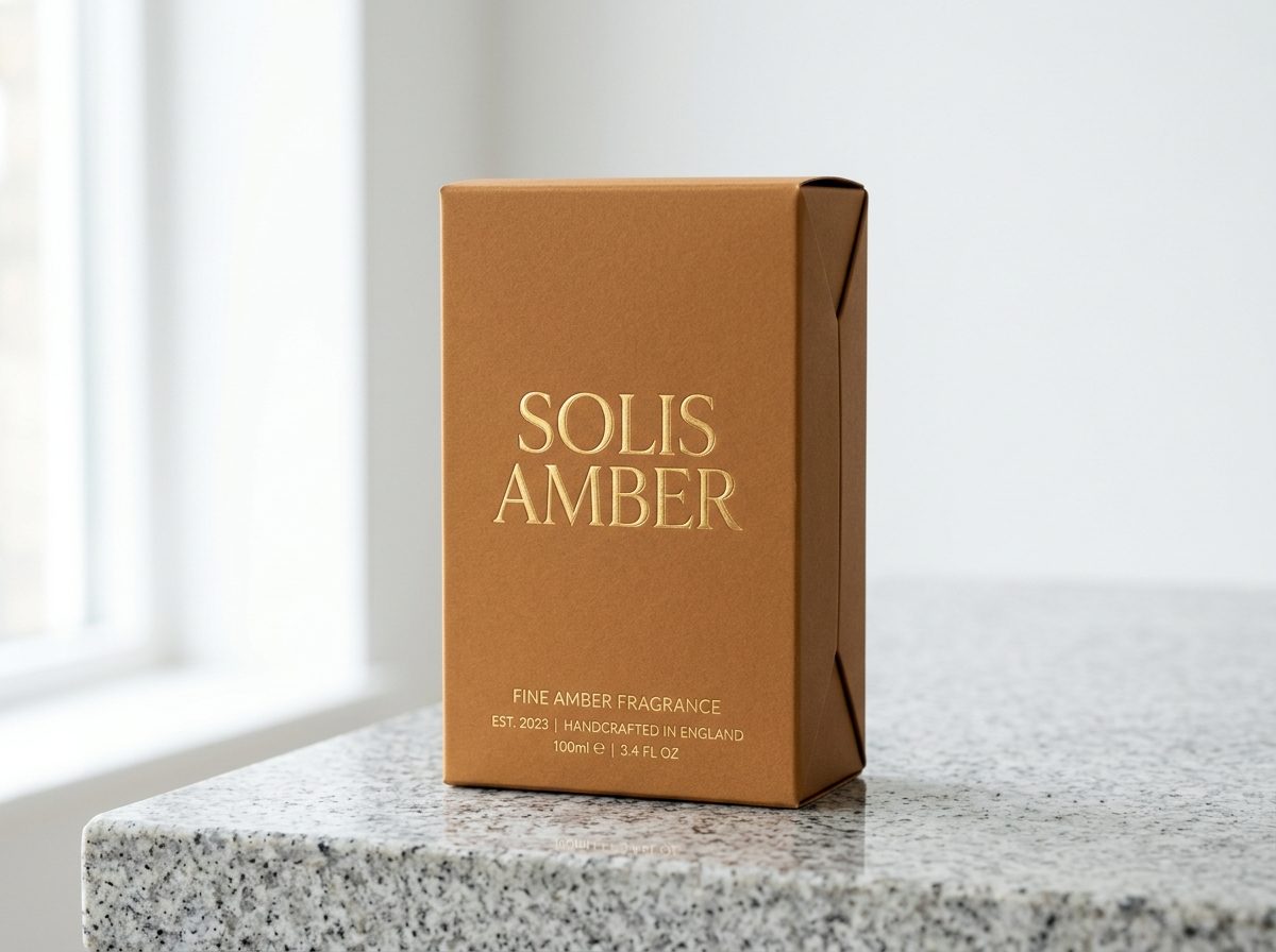 Amber tonlu altın yaldızlı bristol karton parfüm kutusu